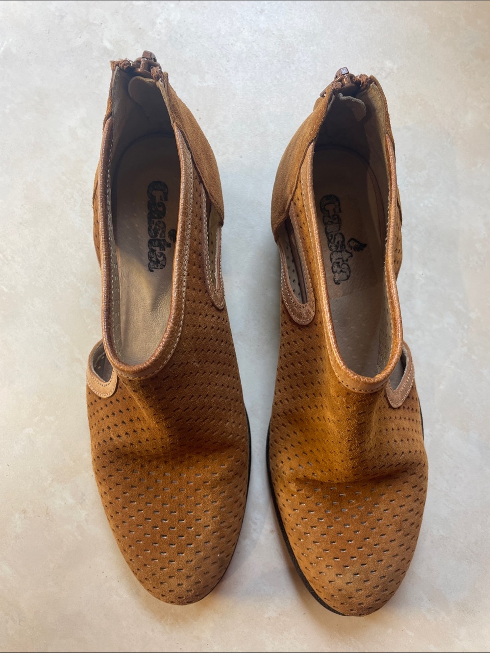 Women’s Tan Perforated Suede-Like Slip-On Booties w/ Rear Zippers Size 7.5 or 8